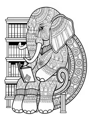 Elephant reading in the library coloring pages