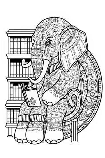 A coloring page of Elephant reading in the library
