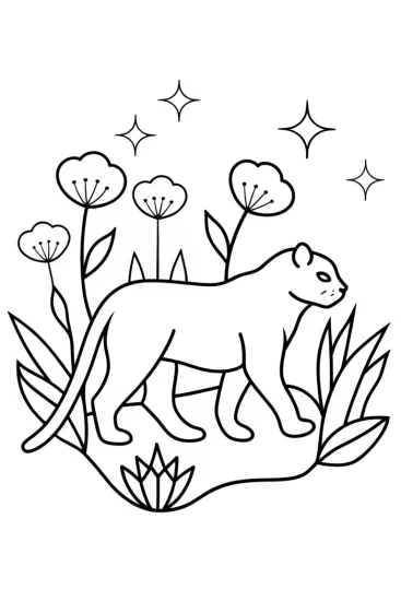 A coloring page of Black Panther in a magical garden