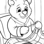 Bear sewing a colorful quilt