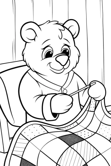 A coloring page of Bear sewing a colorful quilt