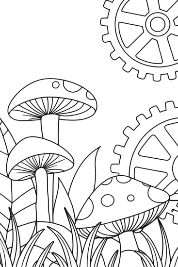 A coloring page of Mushrooms in a clockwork forest