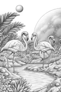 Flamingos exploring an alien planet