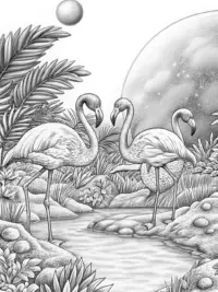 Flamingos exploring an alien planet