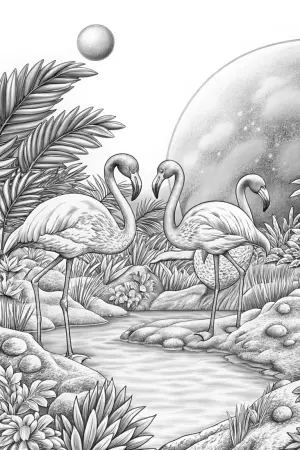 Flamingos exploring an alien planet coloring pages