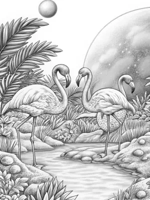 Flamingos exploring an alien planet coloring pages