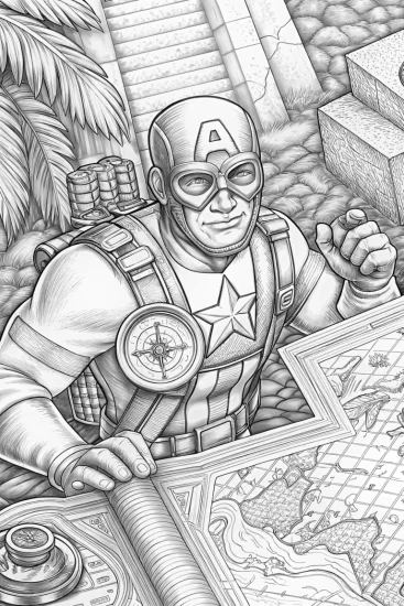 A coloring page of Captain America on a treasure hunt