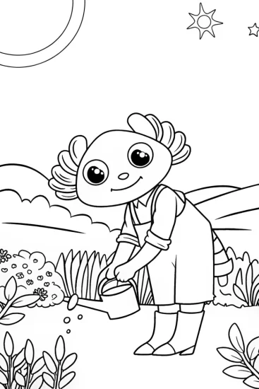 A coloring page of Axolotl gardening under the moonlight