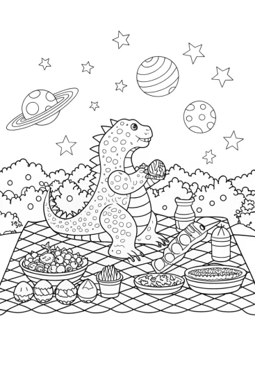 A coloring page of Godzilla’s galactic picnic
