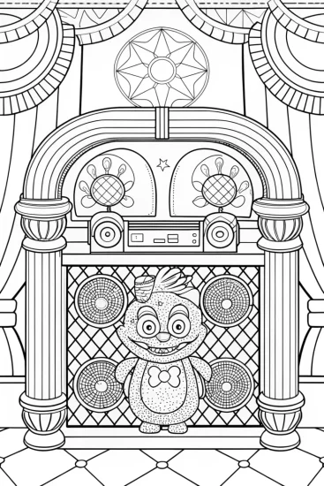 A coloring page of Huggy Wuggy and the music box