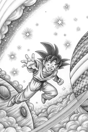 A coloring page of Goku in a cosmic sports competition