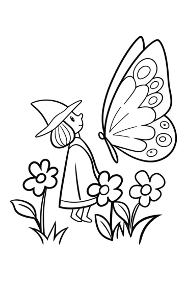 A coloring page of Butterfly alchemist in a garden