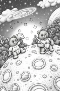 Care Bears gardening on an asteroid