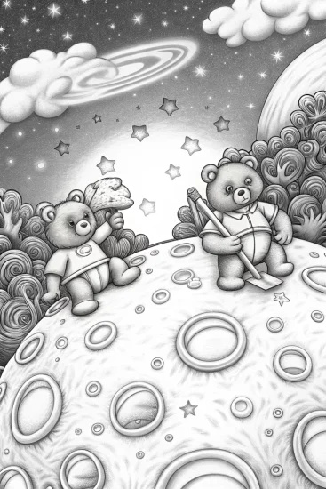 A coloring page of Care Bears gardening on an asteroid