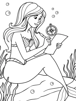 Mermaid cartographer mapping ocean floor coloring pages