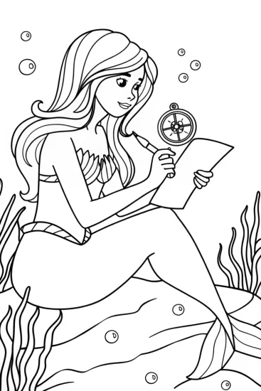 A coloring page of Mermaid cartographer mapping ocean floor