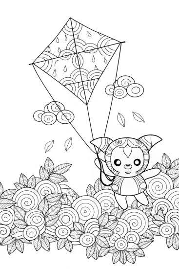A coloring page of Kuromi flying a kite