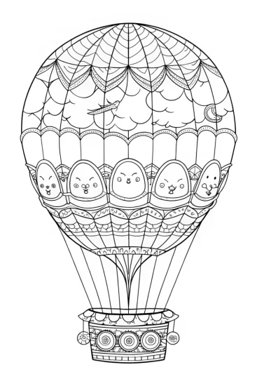 A coloring page of Squishmallows in a hot air balloon