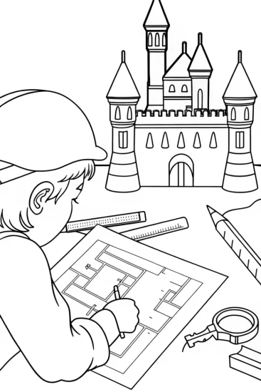 A coloring page of Butterfly architect designing a castle