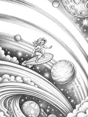 Rainbow High surfing in space coloring pages