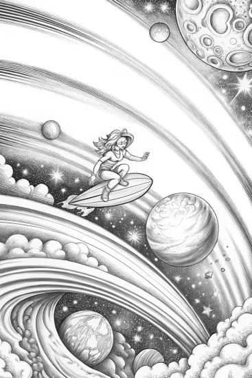 A coloring page of Rainbow High surfing in space