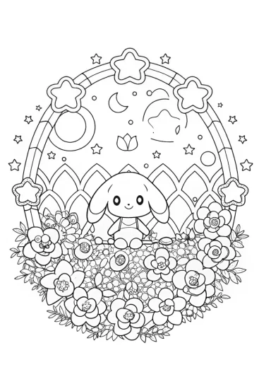 A coloring page of Cinnamoroll’s celestial garden