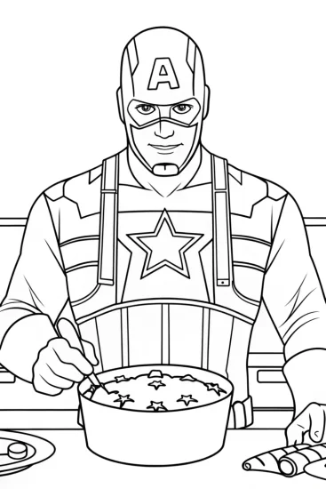 A coloring page of Captain America baking a cake