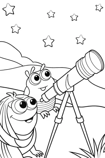 A coloring page of Monsters stargazing on a hill