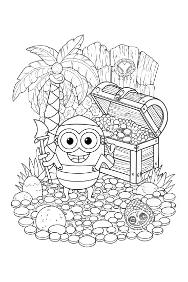 A coloring page of Minion treasure hunting