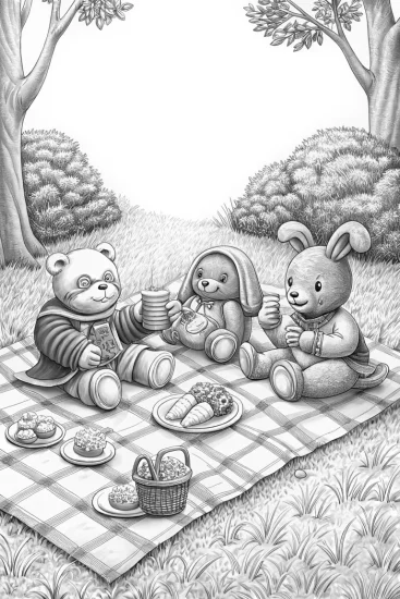 A coloring page of Animal friends having a picnic