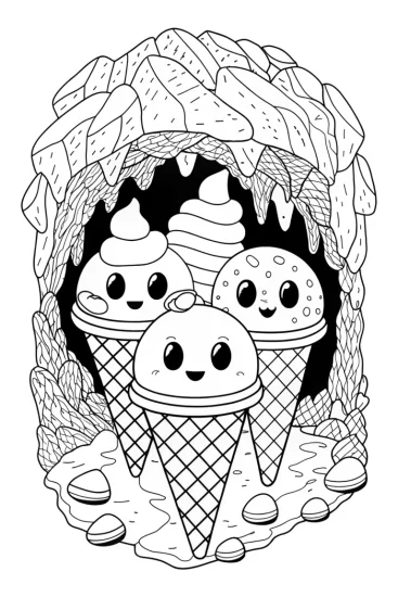 A coloring page of Ice cream characters exploring a cave