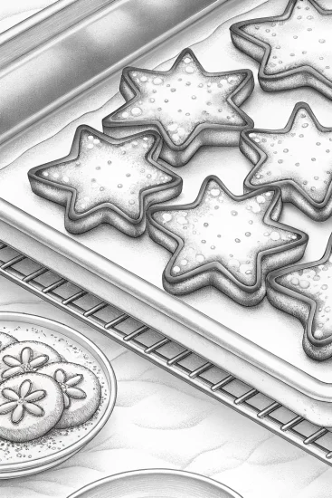 A coloring page of Star-shaped pastries baking