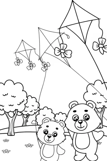 A coloring page of Care Bears kite festival
