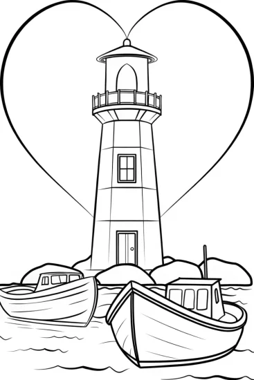 A coloring page of Heart-shaped lighthouse and boats
