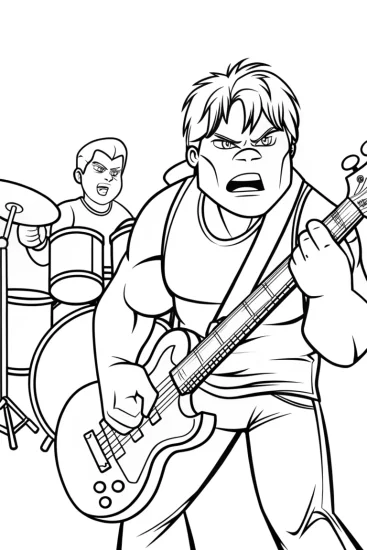 A coloring page of Hulk jamming in a rock band