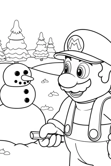 A coloring page of Mario sculpting snow creatures