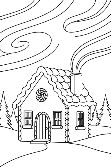 A coloring page of Gingerbread house under the Northern Lights