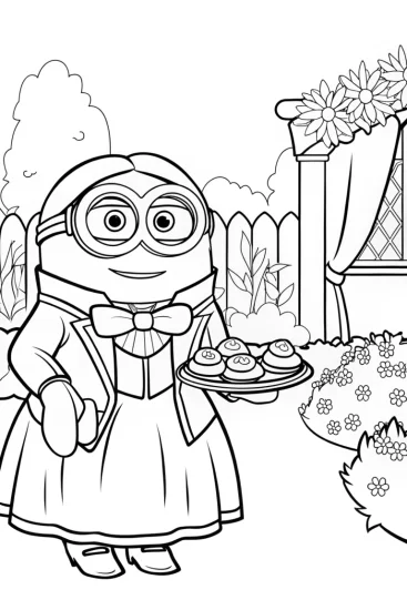 A coloring page of Minion hosting a garden party