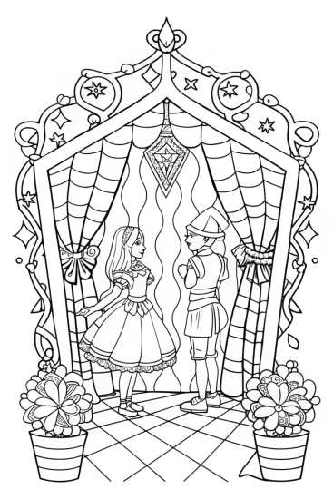 A coloring page of Alice and the riddling shadows