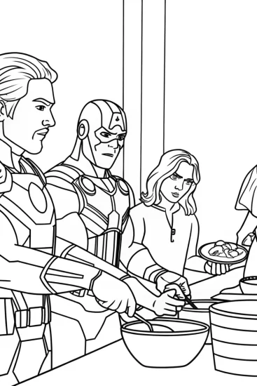 A coloring page of Avengers cooking competition