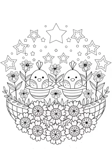 A coloring page of Chick’s galactic flower festival