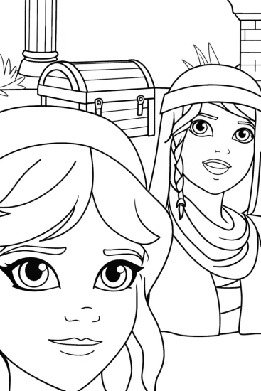 A coloring page of Anime guardians exploring treasure
