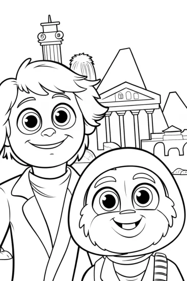 A coloring page of Huggy Wuggy’s time-travel adventure