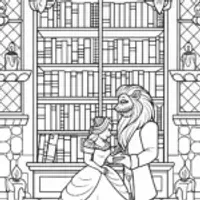 Belle and Beast in a magical library