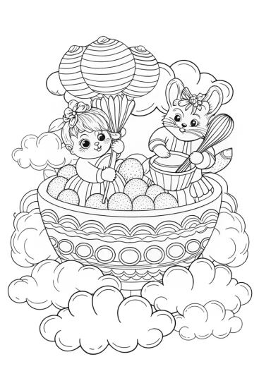 A coloring page of Baby animals baking on clouds