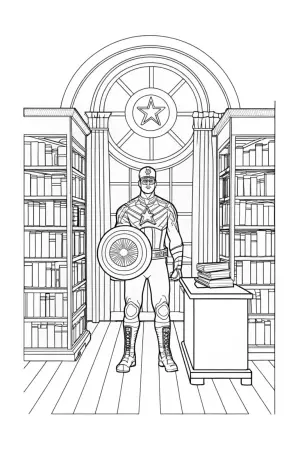 Captain America in a library coloring pages