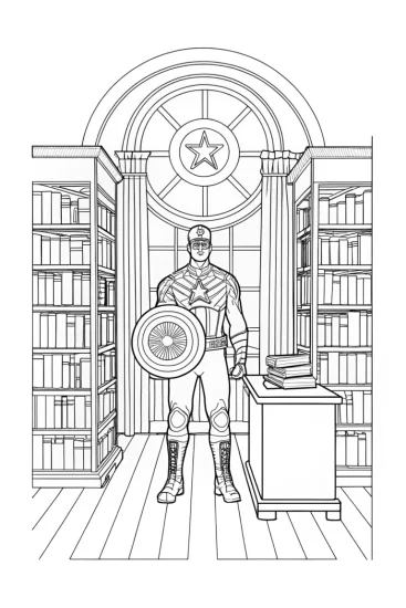 A coloring page of Captain America in a library