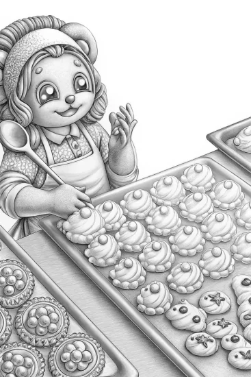 A coloring page of Jigglypuff baking cloud pastries