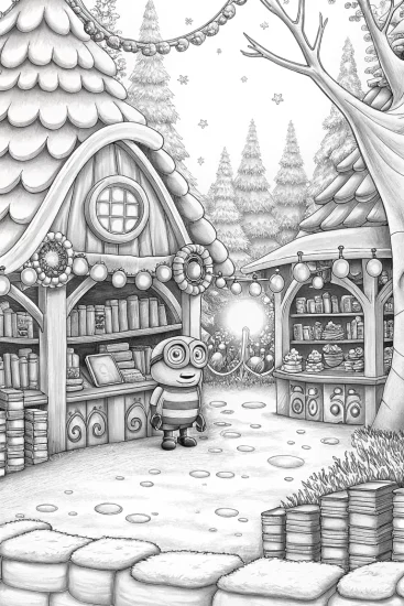 A coloring page of Minion at the enchanted book fair