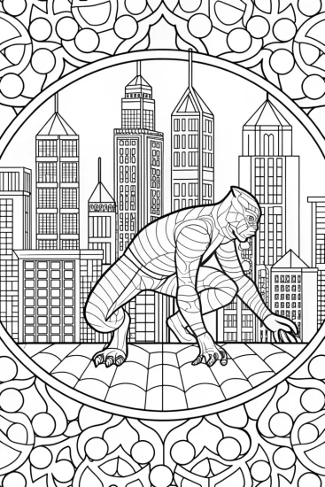 A coloring page of Black Panther exploring a city